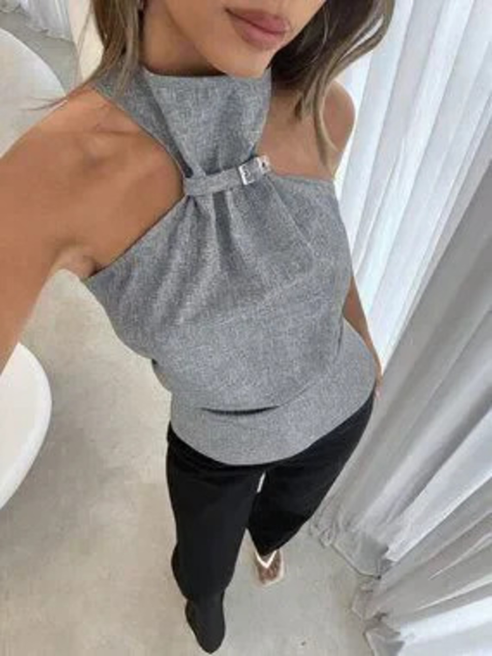Gray Casual Women's Sleeveless High Neck With Gathering Front Detail